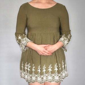 Blue Rain Olive Green Eyelit & Embroidered Long Sleeved Francesca’s Dress